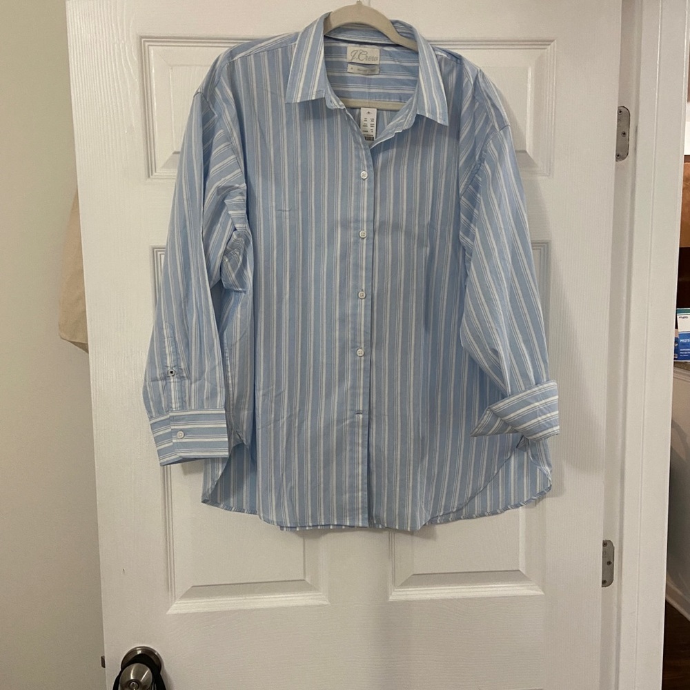 NWT J. Crew Relaxed Fit Button Up Blue and White Striped, Size 18